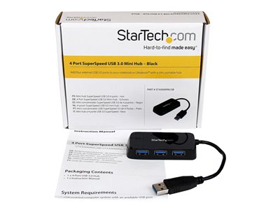 STARTECH.COM 4-PORT USB 3.0 SUPERSPEED HUB - PORTABLE MINI MULTIPORT USB TRAVEL DOCK - USB EXTENDER BLACK FOR BUSINESS PC/MAC, LAPTOPS (ST4300MINU3B) - HUB - 4 PORTS